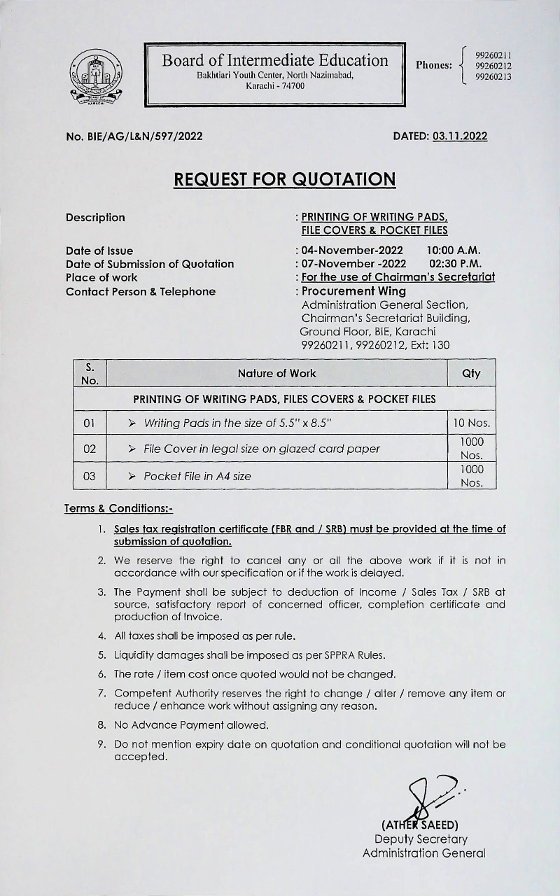 Tenders to Board of Intermediate Education Karachi